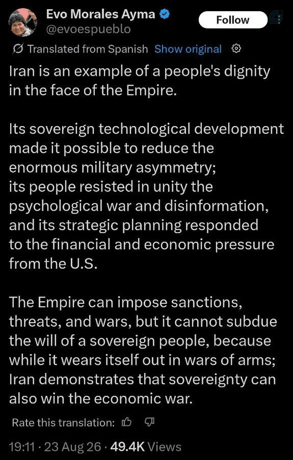 Iran is an example of a people's dignity in the face of the Empire.