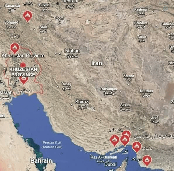 نقشه پراکندگی حملات امشب ارتش تروریستی آمریکا به مناطقی از ایران