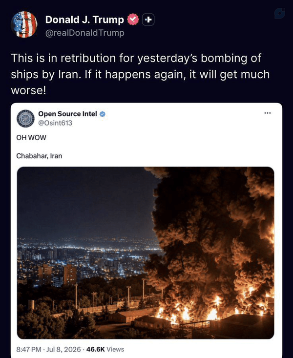 This is in retribution for yesterday's bombing of ships by Iran. If it happens again, it will get much Worse!