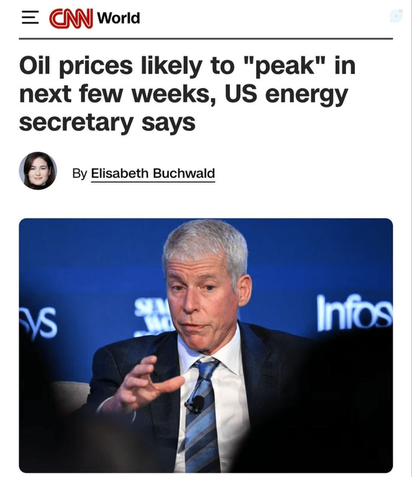 Oil prices likely to "peak" in next few weeks, US energy secretary says