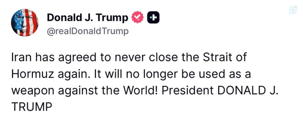 Iran has agreed to never close the Strait of Hormuz again. It will no longer be used as a weapon against the World!
