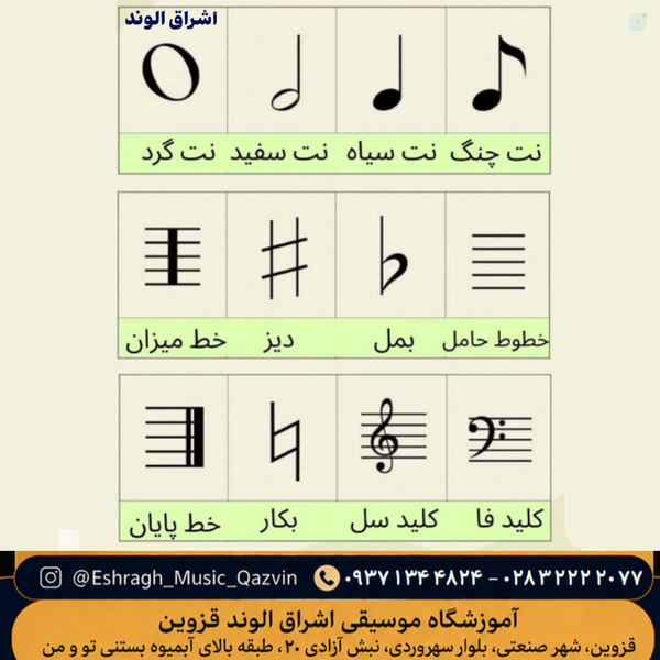 علائم موسیقی آموزشگاه موسیقی اشراق الوند قزوین الهه کرمی نت سفید نت سیاه نت گرد نت چنگ خط میزان