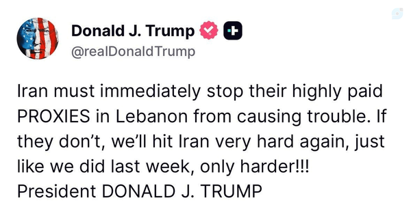 ترامپ🐷 ایران را برای حمایت از لبنان تهدید کرد