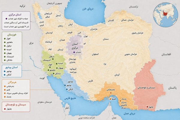 نقشه شهرها و نقاط ایران که بامداد دوشنبه مورد حمله آمریکا قرار گرفتند