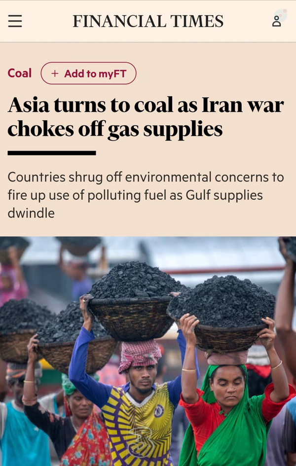 نتیجه جنگ با ایران؛ بازگشت دنیا به عصر زغال‌سنگ!
Asia turns to #coal as Iran war chokes off gas supplies