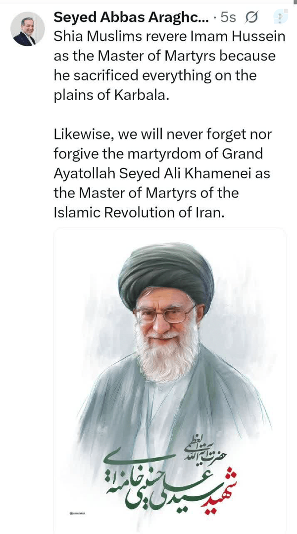 🔴عراقچی: ما هرگز شهادت آیت‌الله‌العظمی خامنه‌ای را فراموش نمی‌کنیم و نخواهیم بخشید.